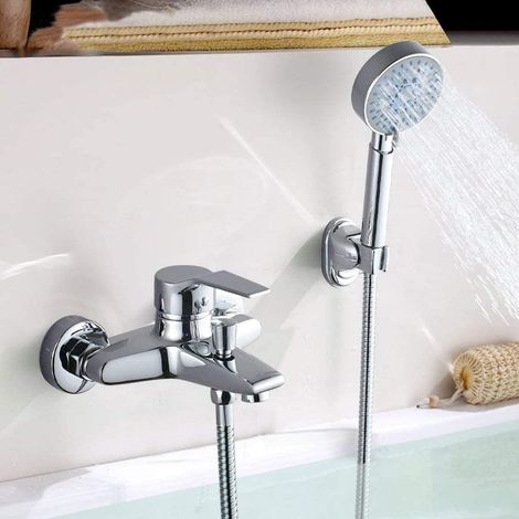 Robinet de baignoire avec douchette chromée, mitigeur de douche cascade avec support et flexible, robinet mural de 150 cm pour salle de bain (1/5)