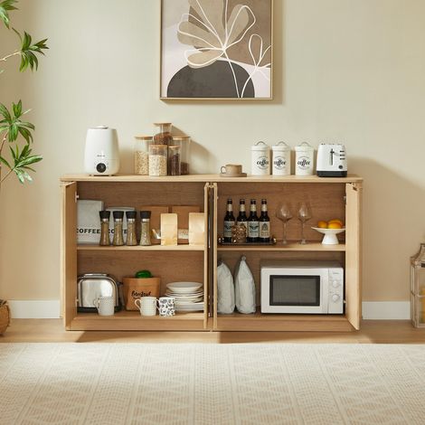 Buffet bas de rangement, 160x80x40 cm, meuble TV pour salon salle à manger entrée, buffet en MDF au design ondulé moderne avec 4 portes, Chêne (1/5)