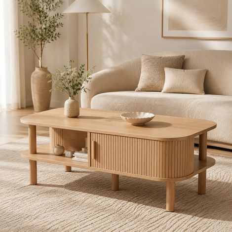 Tavolino 110 x 55 x 45 cm in MDF, con vano e anta scorrevole, colore naturale HAVRYA (1/5)