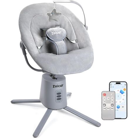 Baby Swing Seat Electric 3 Modes for Newborn 0-9 Months, Up to 11kg Baby Lounger with 5 Point Adjustable Tilt Harness, Timing Function and Music Remote Control Bluetooth Control (Grey) (1/5)