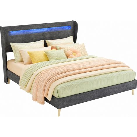 Lit 160x200 cm LED réglable en tissu gris, tête de lit ajustable, structure métal, design moderne bas pour chambre adulte, sans sommier relevable – CHICFURN (1/5)