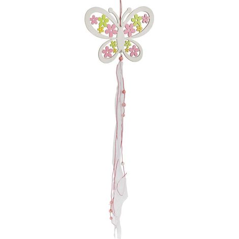 Pendentif papillon de printemps-Pâques, en bois ajouré avec rubans (1/2)