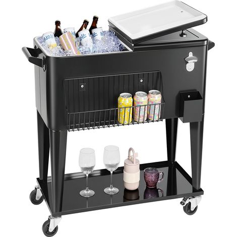 Glacière à Roulettes Isotherme Contenance de 75,71 L 50 Bouteilles/110 Canettes, Chariot Bar Extérieur avec Étagère Inférieure, Panier Latéral et Décapsuleur, pour Boissons Fraîches, Noir (1/5)