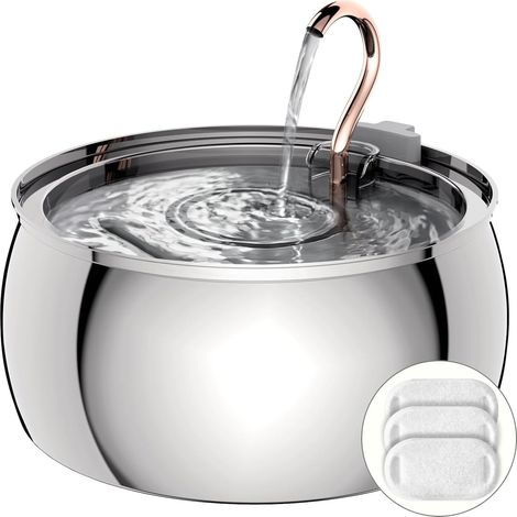 Fontaine à Eau pour Chat 4L, Acier Inoxydable, Silencieuse avec Robinet et 3 Filtres, pour Multiples Animaux