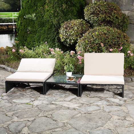 Melko vielseitiges Gartenmöbel-Set – Sonnenliege, Sitzbank oder zwei Stühle mit Rückenlehne, mit Tisch aus Polyrattan, Gartenliege robust und wetterfest, Schwarz