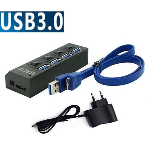 4 Port USB 3.0 HUB Interrupteur d\'alimentation Splitter Plug & Play + câble adaptateur secteur pour PC EU GOBRO