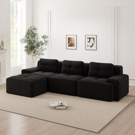 Canapé cloud modulaire en L 3 places noir, velours côtelé, avec pouf (1/5)