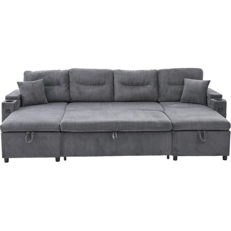 Canapé 4 places en velours côtelé avec 2 chaises longues, rangements intégrés, porte-gobelets et ports USB Type-C - noir charbon (1/5)