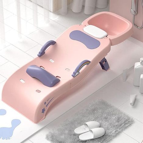 Chaise de lavage de cheveux pour enfants, chaise de shampooing réglable pour tout-petits, siège de bain pliable avec dossier ergonomique et appuie-tête rétractable, couleur rose (1/5)