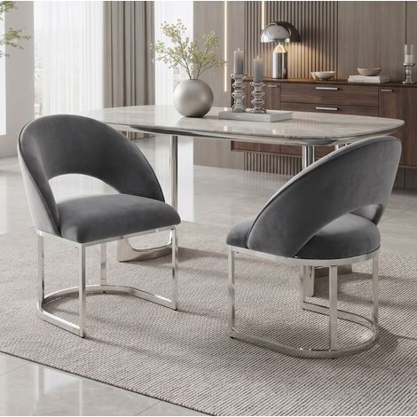 Chaise de salle à manger lot de 2 en velours gris avec pieds métalliques argentés DESVIAE (1/5)