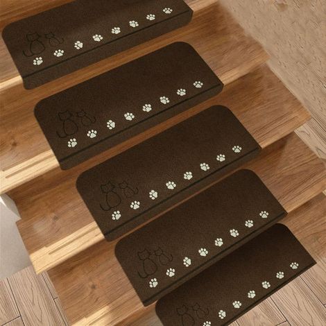 Tapis d'escalier antidérapant pour marches d'escalier en Bois et Verre, Lavable et Amovible (14 pièces, 55 x 22 cm, Marron) (1/5)