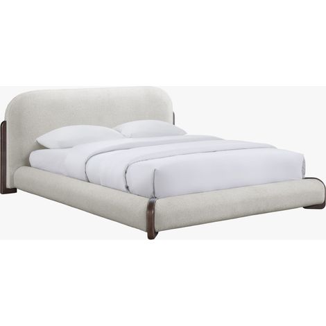 DELYA Lit double en tissu beige et bois foncé 180x200 cm (1/5)