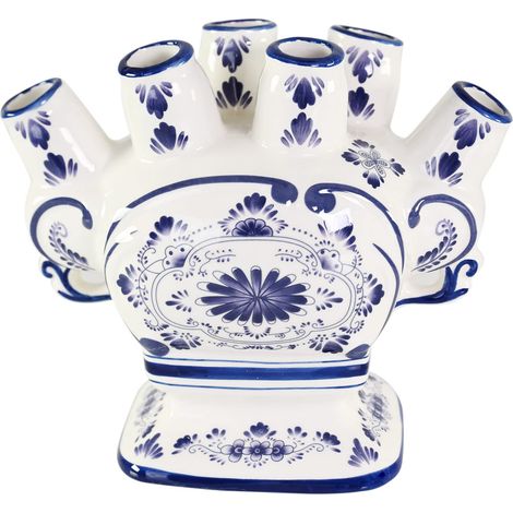 Vase à Fleurs en céramique, 6 Ports, Vase en céramique à 6 Doigts, Vase au Design Traditionnel, Blanc et Bleu (1/5)