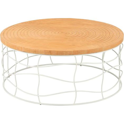 Table basse ronde 80x36 cm en pin et métal blanc