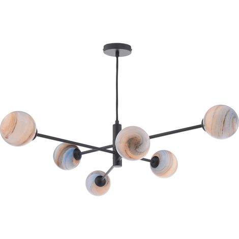Dar Vignette Suspension Vignette à 6 lumières, noir mat et verre style planète