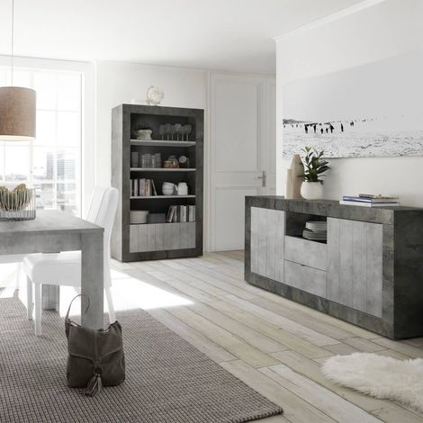Ensemble séjour avec table 180cm gris aspect Cimento et Oxyde - PAOLINO