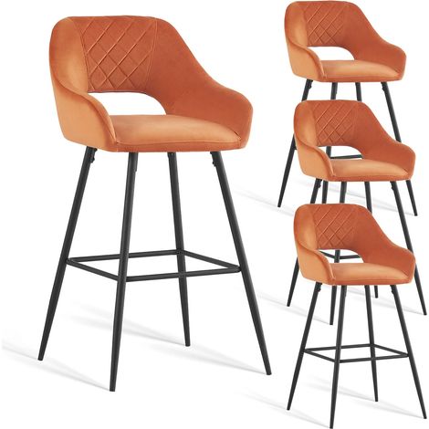 AINPECCA 4pcs Orange Bar Stool Velvet Seat w/Backrest &Armrest Metal Leg Kitchen Breakfast