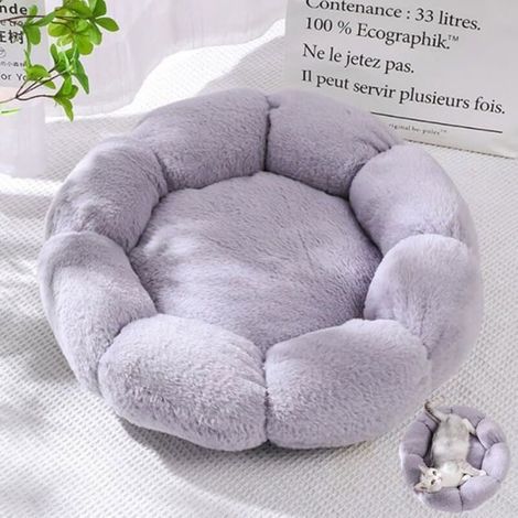 Panier pour animaux de compagnie gris lavable, matelas en peluche en forme de fleur de 40 cm, adapté à toutes les saisons, pour chats et chiens. (1/4)