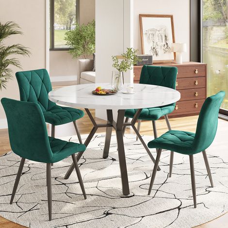 Ensemble table à manger ronde - 5 pièces - Marbre MDF - Métal noir - Chaises en velours vert (1/5)