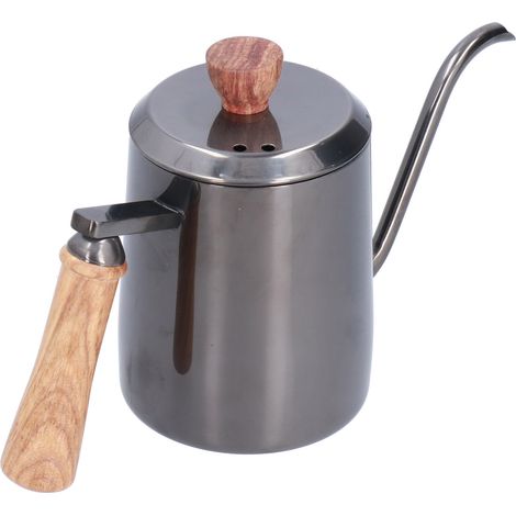 Manueller 600-ml-Kaffeekessel aus Edelstahl mit langem, schmalem Ausguss und grauem Holzgriff (1/5)