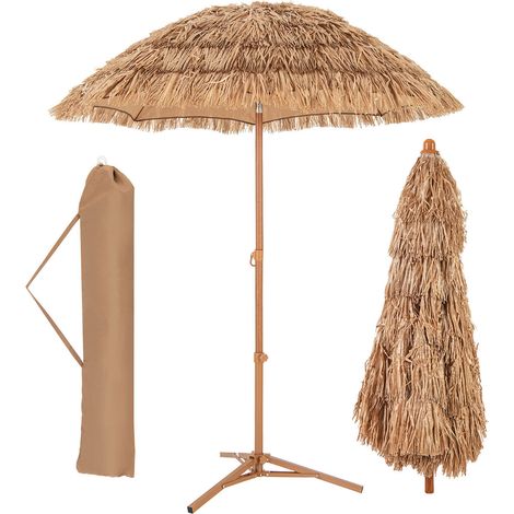 Parasol tiki naturel 1,98 m en polyester et chaume PP avec pied pliable, inclinaison réglable et sac pour terrasse, jardin et plage (1/5)