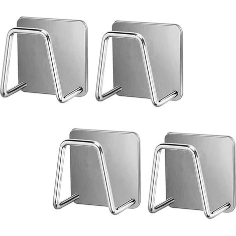 Porte-éponge adhésif 4 pièces acier inoxydable - Support éponge lavable étanche avec crochets pour évier cuisine (Argent) (1/5)