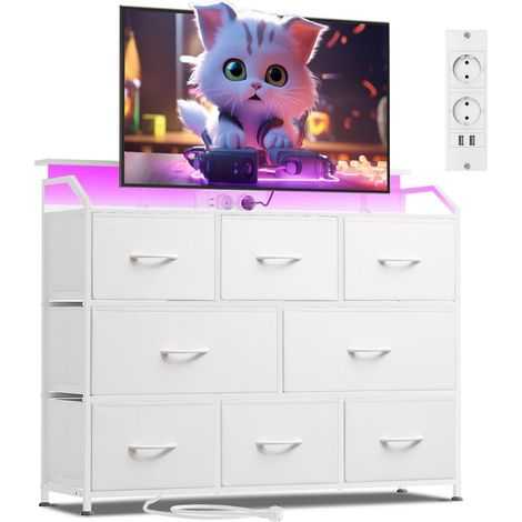 Commode 8 tiroirs tissu avec LED et station de charge blanc aspect bois (1/5)