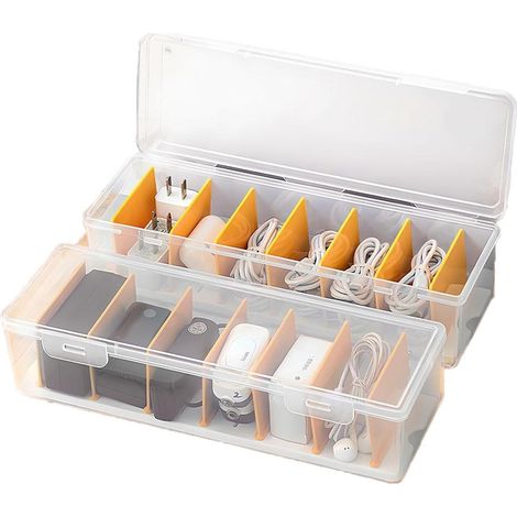 2 range-câbles - Boîte de rangement pour câbles - Plastique transparent -7 séparateurs amovibles- Gestion personnalisée des câbles