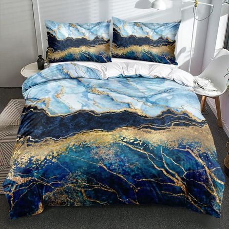 Parure de lit 220x240 cm 3 pièces Marbre Bleu Clair Microfibre avec fermeture à glissière