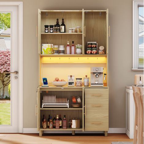 Buffet de cuisine 183 cm naturel en MDF avec LED, prises, ports USB et étagères réglables (1/5)