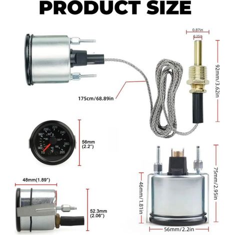 Kit indicatore di temperatura dell'acqua per auto da 2" (52 mm), indicatore meccanico ad ago da 12 V con intervallo di temperatura dell'acqua da 40 a 130 °C e LED. (1/4)