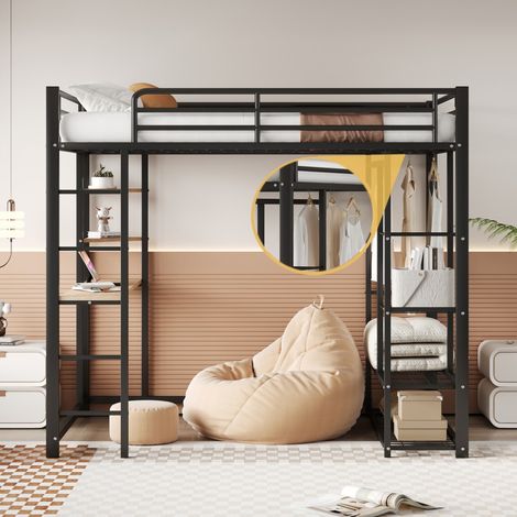 Lit Mezzanine 140x200cm - Lit Enfant 140x200 - Lit Haut en Métal avec Bureau Étagères Penderie et Échelle - Noir (1/5)