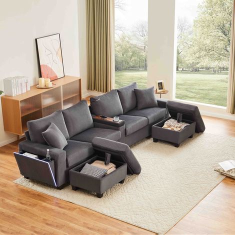 Canapé d'angle en velours côtelé avec 2 poufs, lampe de lecture, étagère rabattable, porte-gobelet et ports USB/Type-C, accoudoirs avec éclairage LED décoratif, gris, dimensions : 334 x 128,5 x 81 cm (1/5)