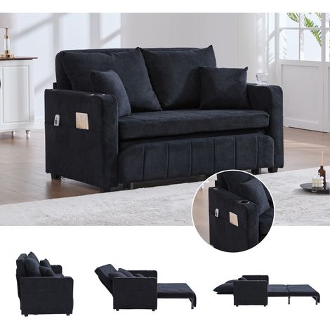 Divano letto 139x73x83cm con USB e portabicchieri - divanetto 2 posti design moderno - ciniglia - nero