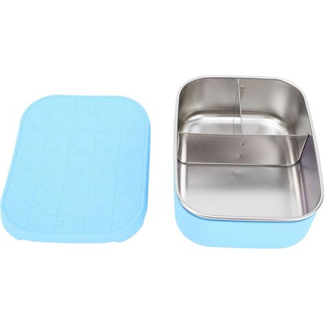 Boîte à lunch à 3 compartiments, étanche, en acier inoxydable 304, avec couvercle en silicone, idéale pour les pique-niques, les sorties au bureau ou les repas scolaires (bleu). (1/5)