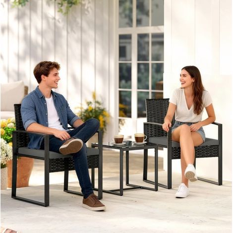 Ensemble bistrot de jardin 55/58/76 cm et 40/40/40 cm gris foncé en acier avec coussins amovibles (1/3)