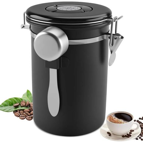 Boîte à café hermétique en acier inoxydable 304, 1,8 L, avec cuillère doseuse en acier inoxydable et indicateur de temps, boîte sous vide, noire (1/5)
