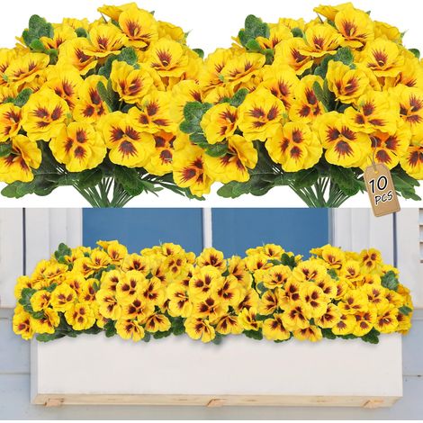 Lot de 10 violettes artificielles d'extérieur - Fleurs artificielles en soie résistantes aux UV - Plantes en plastique pour porche, jardin, fenêtre, décoration de jardinière suspendue (jaune) (1/5)