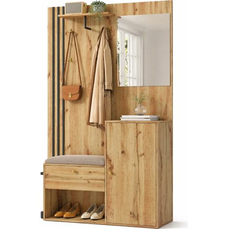 Garde-robe d'entrée avec miroir, banc rembourré, porte-parapluie et étagères réglables, MDF bois clair et noir, 115 x 185 x 37 cm, pour couloir moderne CHICFURN (1/5)