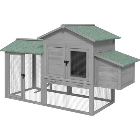 Poulailler bois avec enclos pondoir rampe tiroir amovible 2-4 poules 168x75x103 cm gris