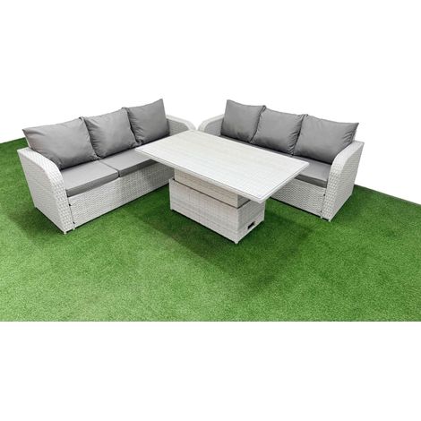 Fimous Outdoor Garden Furniture Sets 6 Seater Wicker Rattan Furniture Sofa Sets with Adjustable Lifting Dining or Coffee Table high Back Lounge Sofa Light Grey (1/4)