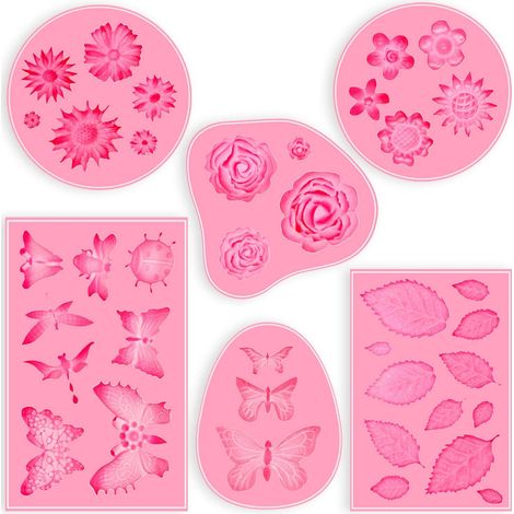 Lot de 6 moules à fondant, silicone antiadhésif, fleurs papillons feuilles, décoration gâteaux résine (1/5)