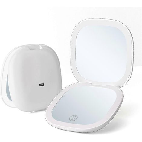 Miroir de maquillage avec lumières rechargeables, petit miroir pliable portable 5x avec luminosité réglable (1/4)