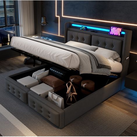 Cama con espacio de almacenamiento de algodón y lino gris 140x200 cm con LED, USB-C y somier de láminas (1/5)