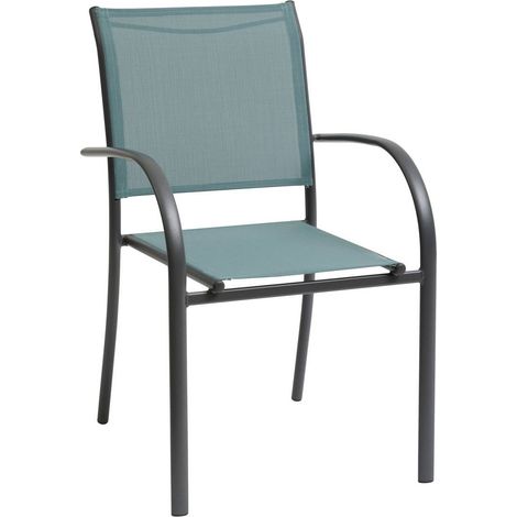Hesperide – Fauteuil de jardin empilable vert jade en aluminium traité époxy – Toile en texaline – Dimensions 65x56x88cm – Poids 2.2kg