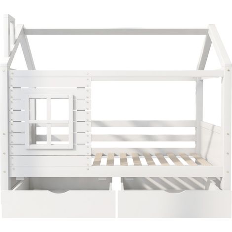 Cama cabaña infantil 90 x 200 con barreras, 2 cajones, pino, blanco (1/5)