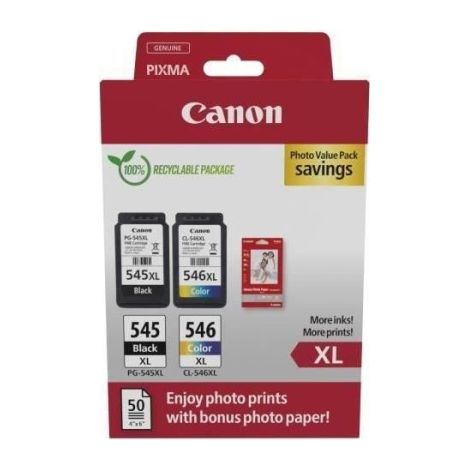 Pack de 2 cartouches d'encre + pack papiers photo - CANON - PG-545XL Noir + CL-546XL Couleur - Haut rendement (1/3)