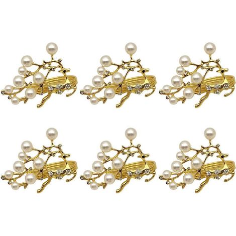 Lot de 6 ronds de serviette dorés en forme d'élan, ornés de perles et de perles, en alliage, pour décorer votre table de Noël.-5.2X4cm