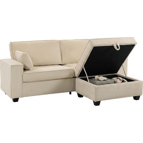 Canapé d'angle - HOMCOM - 3 places - pouf de rangement - assise large, 2 coussins - velours côtelé - 216 x 151 x 94 cm - beige (1/5)