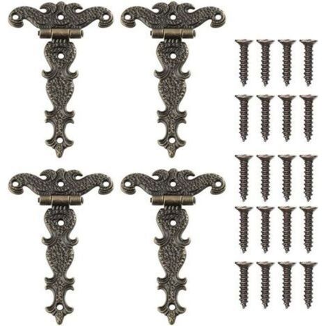 4 Pcs Charnières Vintage Décoratives Sculptées en Bronze Charnière Meubles en Forme de T pour Porte de Placard Boîte à Outils avec Vis (1/5)
